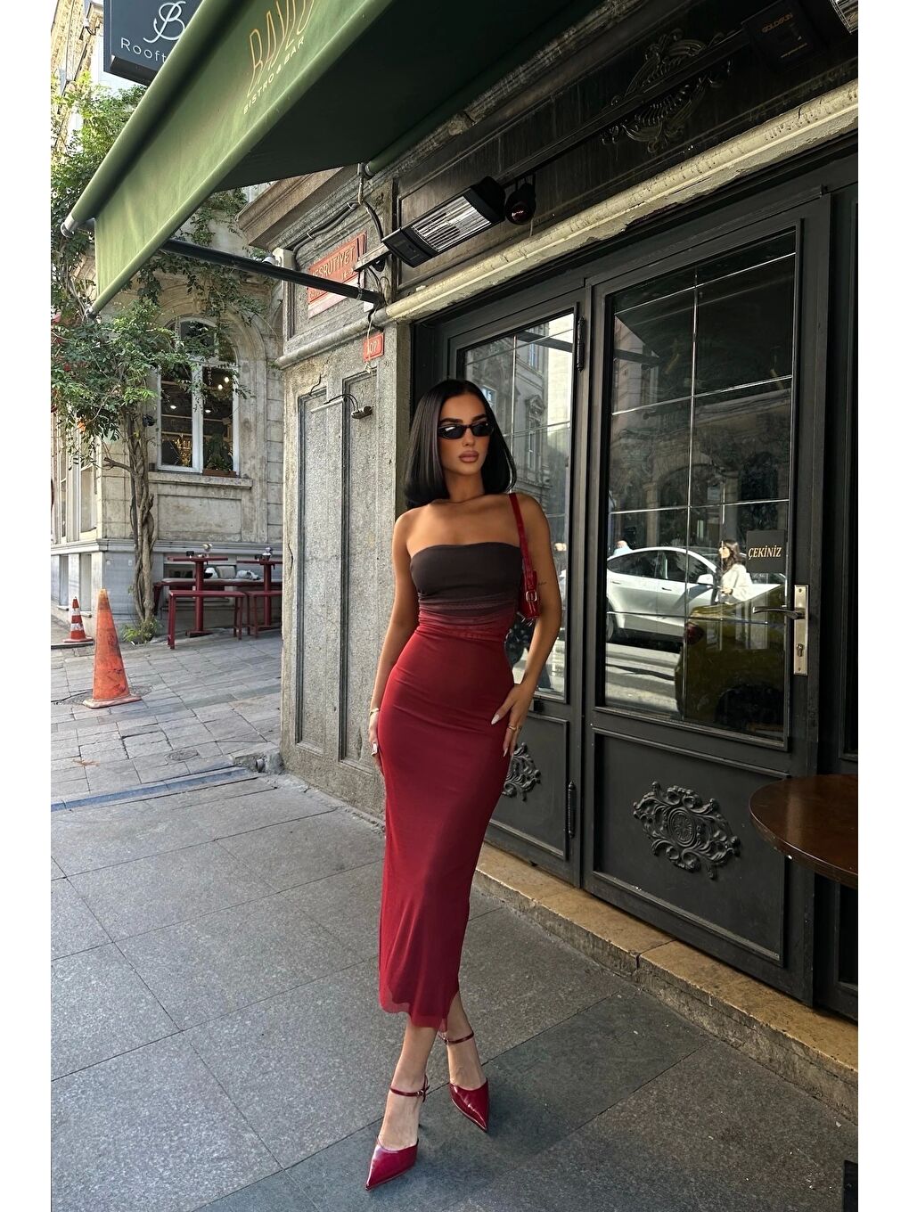 Kadın Bordo Straplez Batik Elbise 1026-0033-6