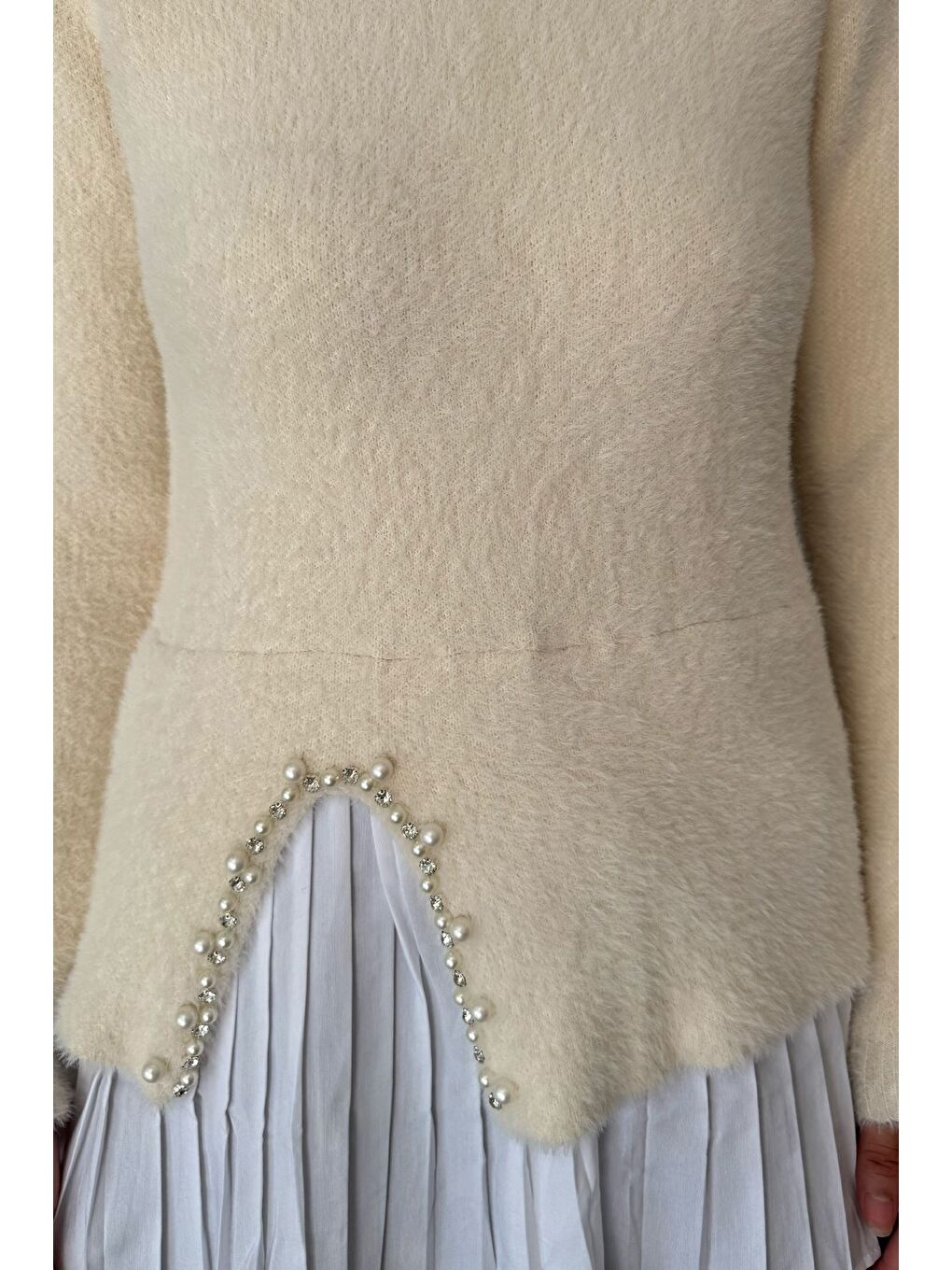 Ekru İnci Ve Taş İşlemeli Garnili Yumoş Tesettür Triko Kazak (s-m-l Beden Uyumludur.)-5