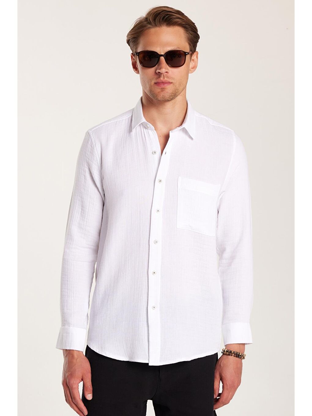 Erkek Regular Fit Klasik Kesim %100 Pamuk Müslin Kumaş Dökümlü Düz Beyaz Gömlek-3