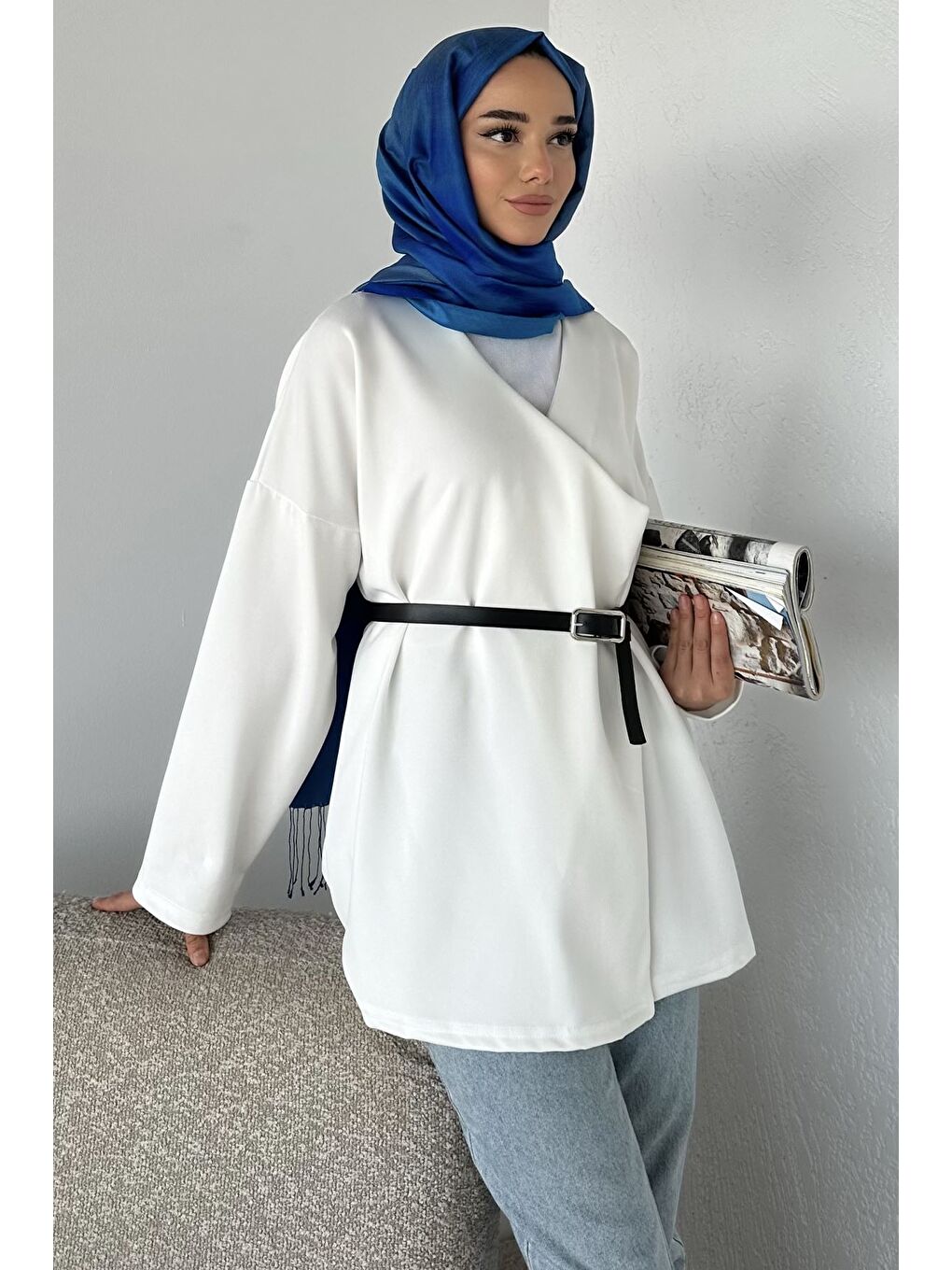 Beyaz Elastanlı Tesettür Ceket