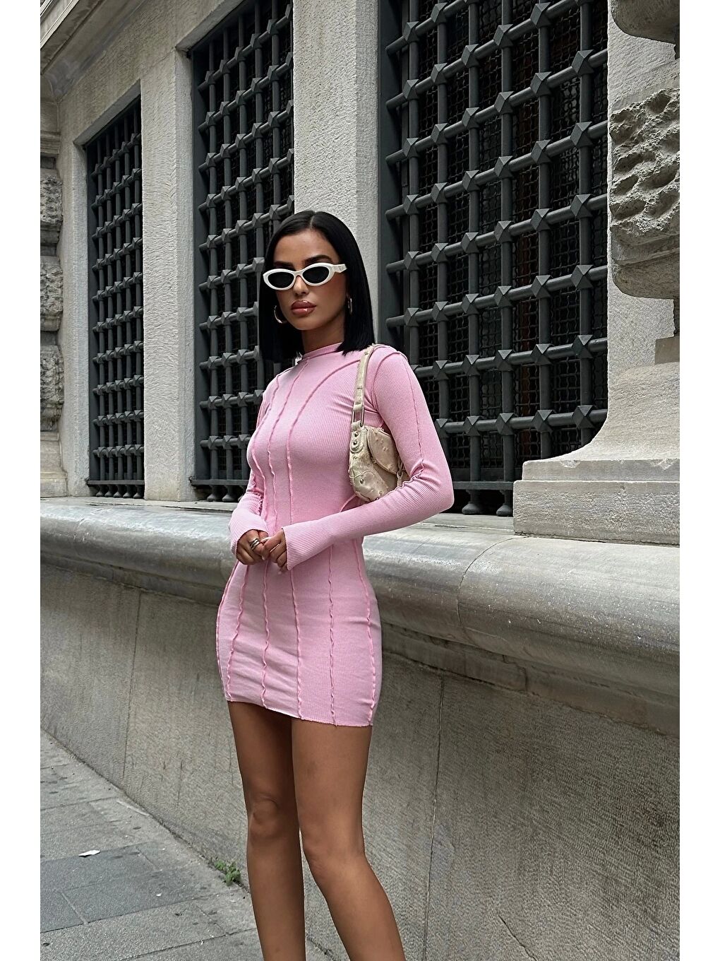 Kadın Pembe Ters Dikiş Elbise 1026-0026-1