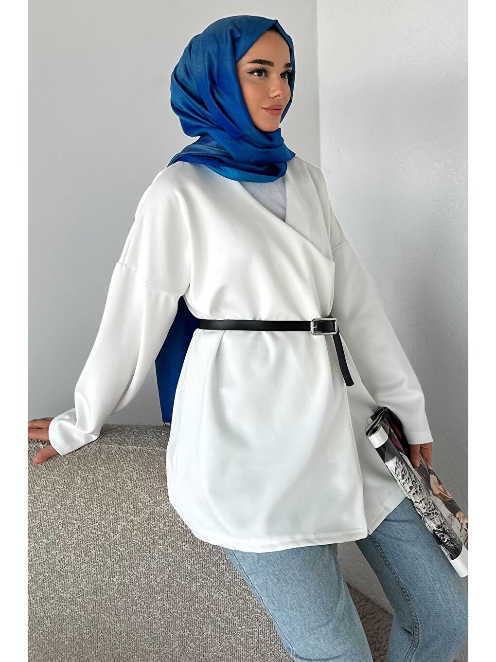 Beyaz Elastanlı Tesettür Ceket-2