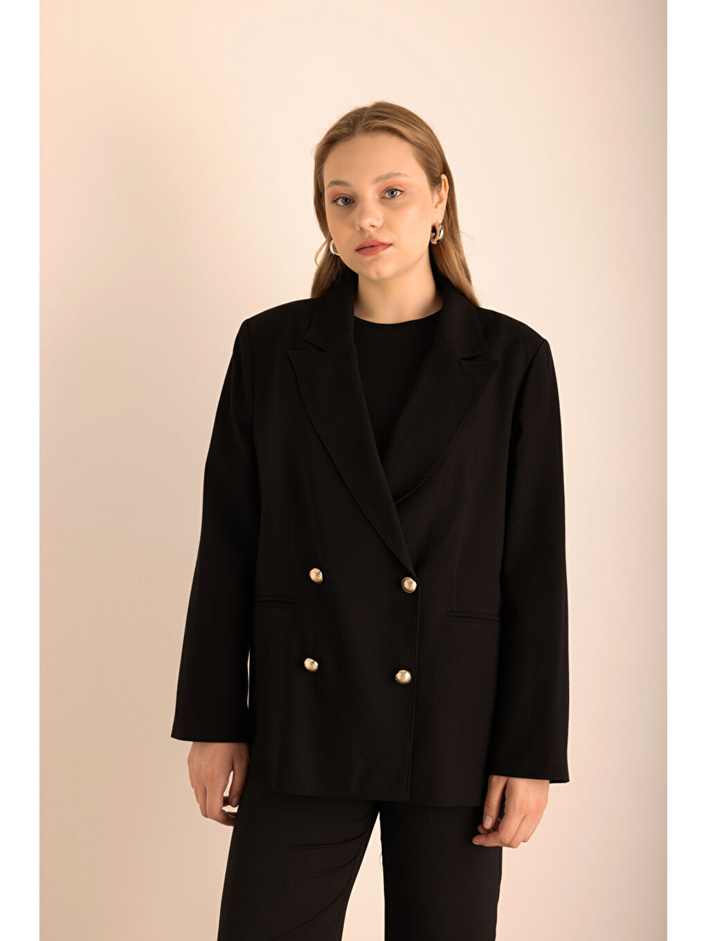 Siyah Kruvaze Dokuma Ceket-2