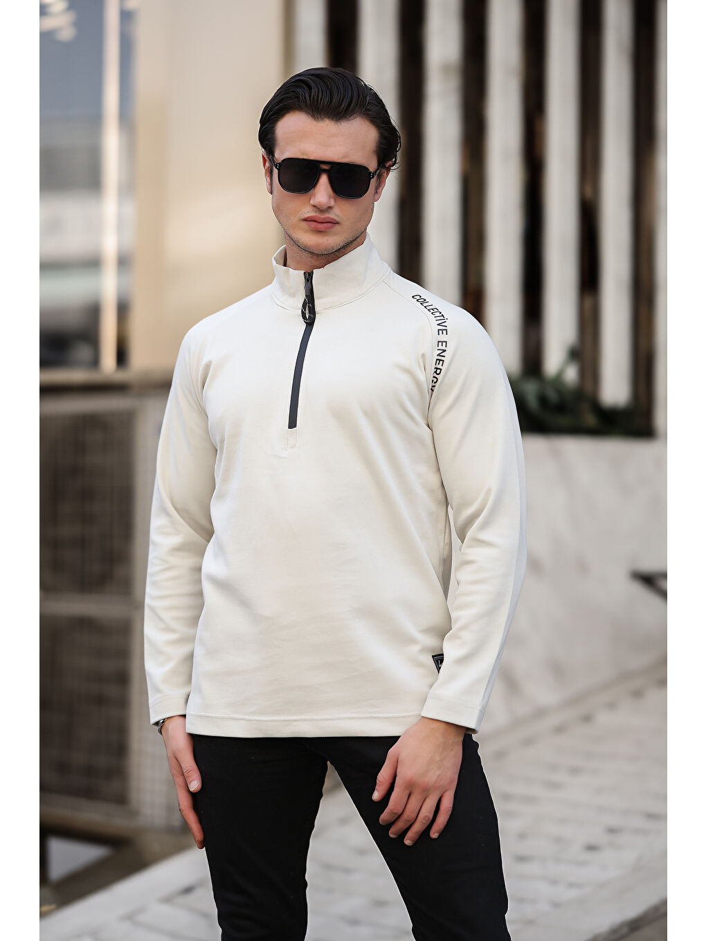 comstar Krem Erkek Yarım Fermuarlı Baskılı  Sweatshirt