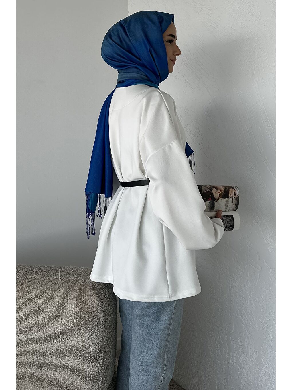 Beyaz Elastanlı Tesettür Ceket-4