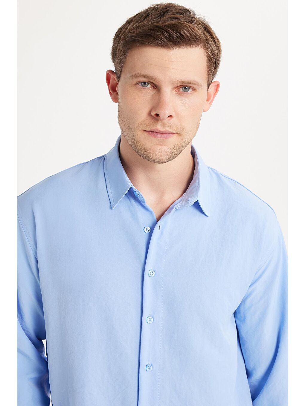 Mavi Oversize Mevsimlik Keten Dokulu Bol Kalıp Uzun Kollu Rahat Kullanım Erkek Gömlek-1