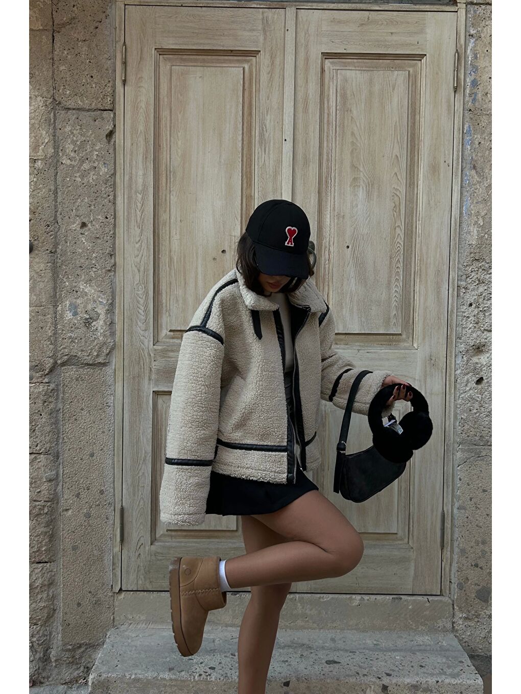 Ekru Kadın Krem Pelüş Crop Mont 1009-0798-5