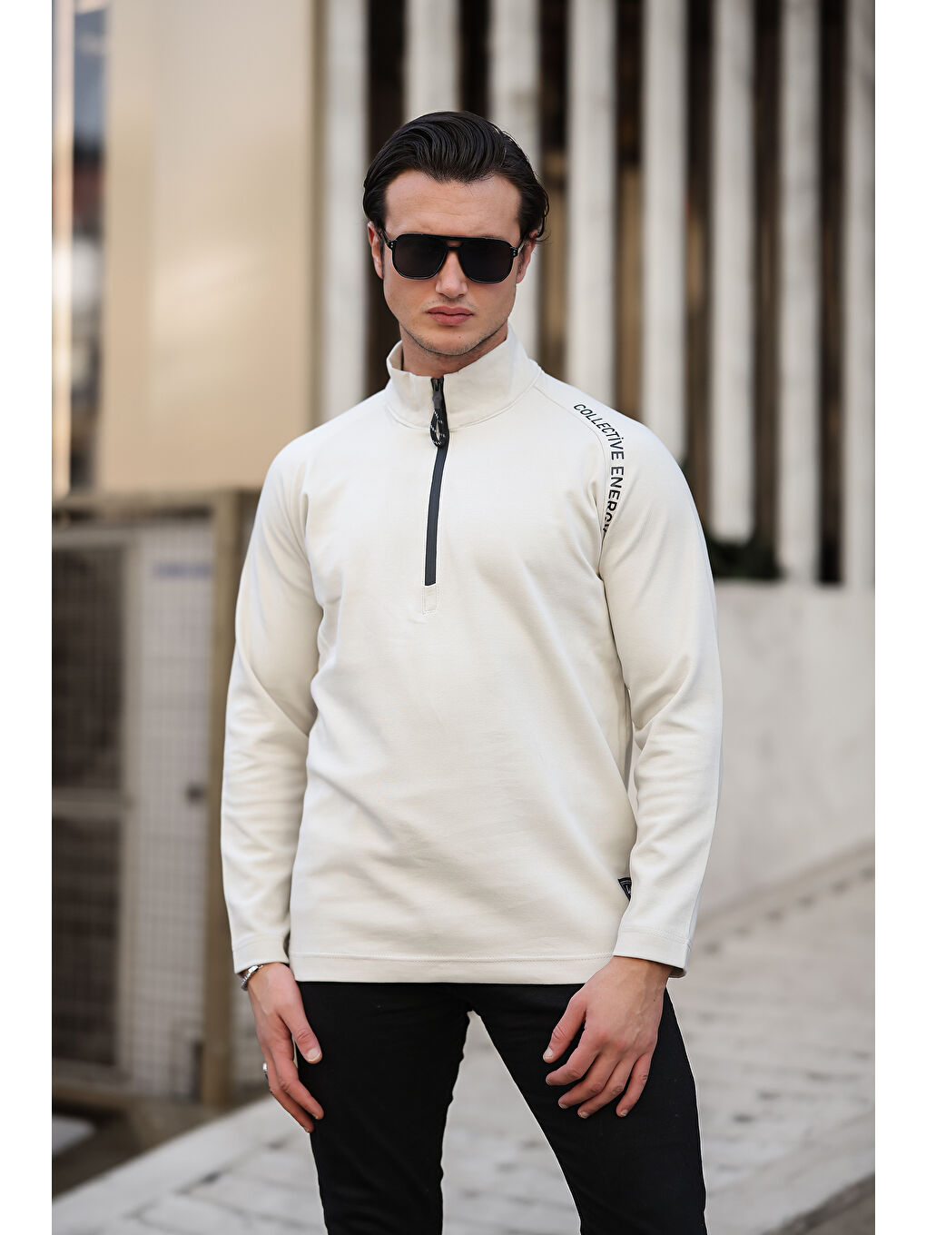 comstar Krem Erkek Yarım Fermuarlı Baskılı  Sweatshirt - 2