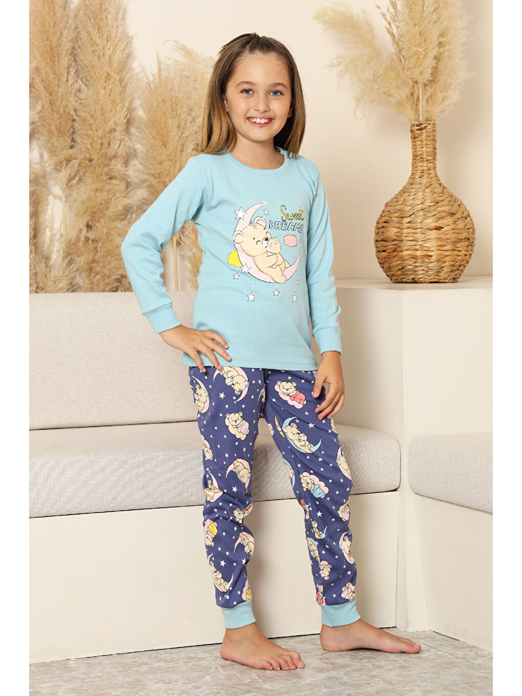 Mavi Kız Çocuk %100 Pamuk İnterlok Kumaş Pijama Takımı 6-15 Yaş 12421