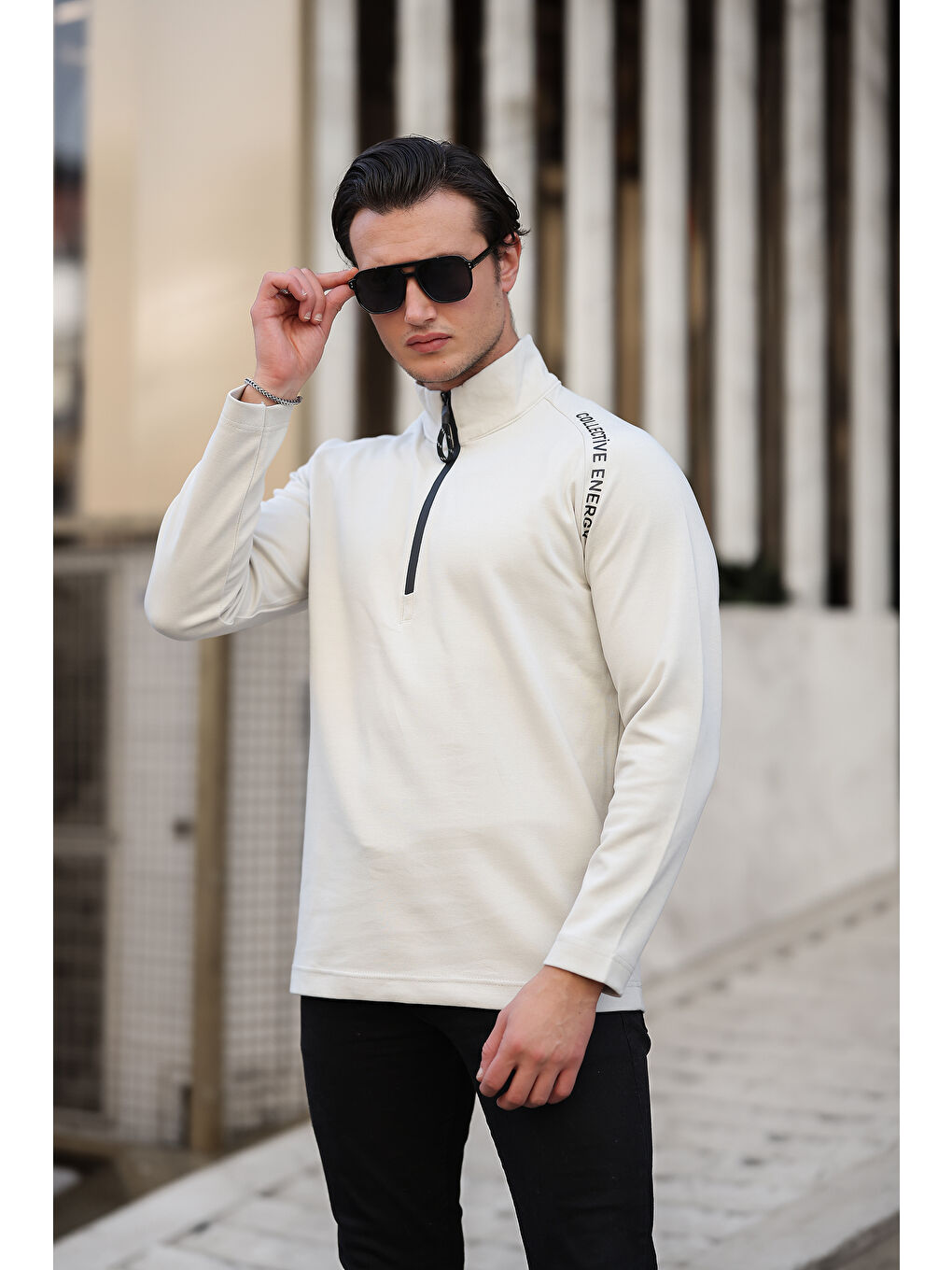 comstar Krem Erkek Yarım Fermuarlı Baskılı  Sweatshirt - 3