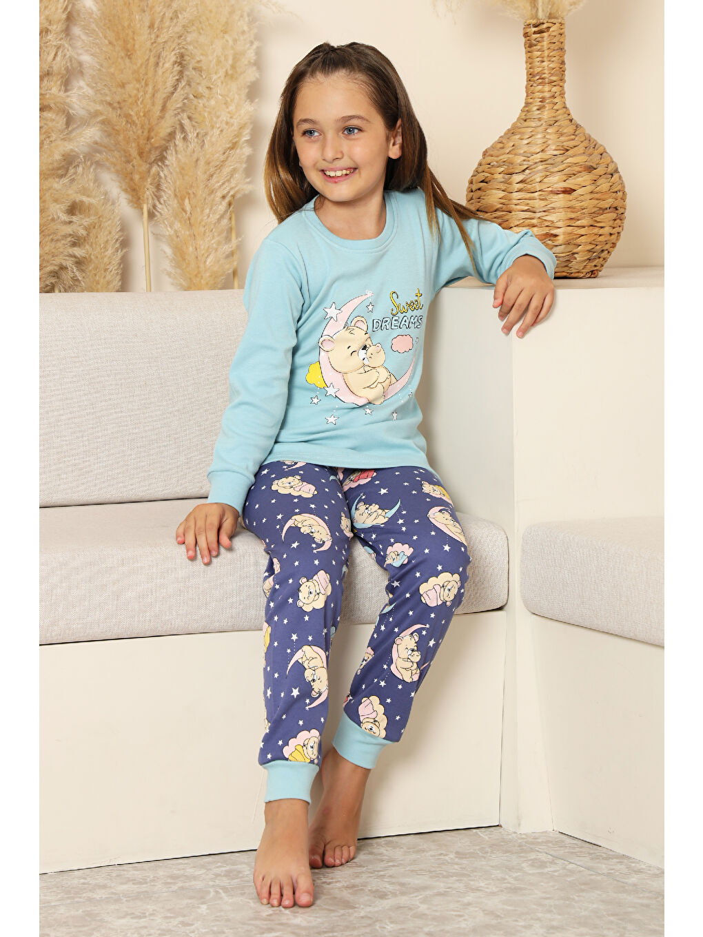 Mavi Kız Çocuk %100 Pamuk İnterlok Kumaş Pijama Takımı 6-15 Yaş 12421-1