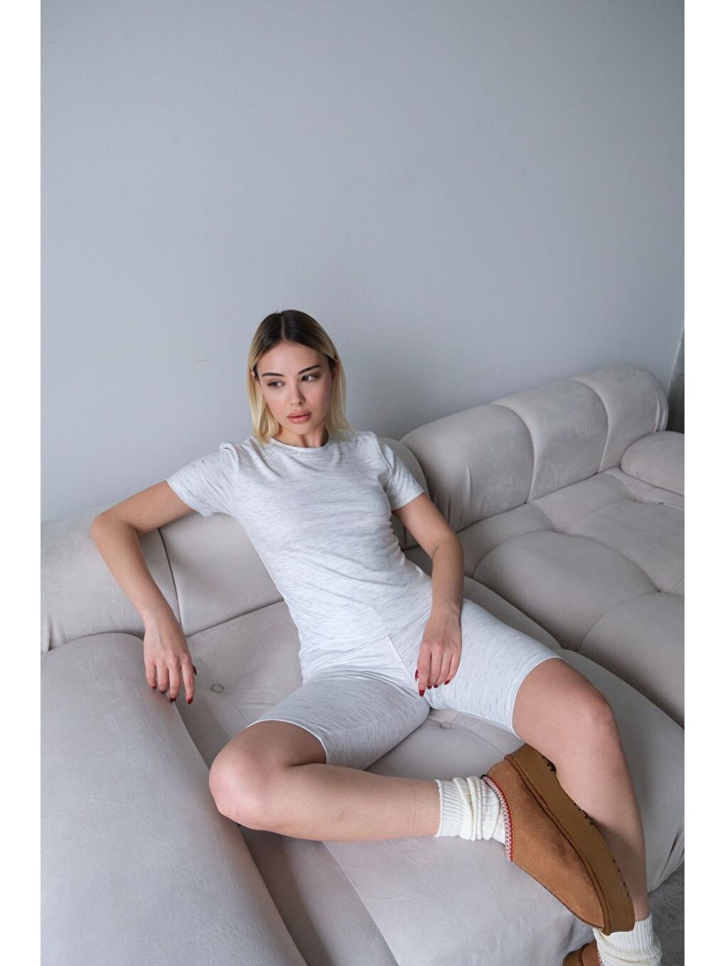 Yüksek Bel Soft Şort Gri-5