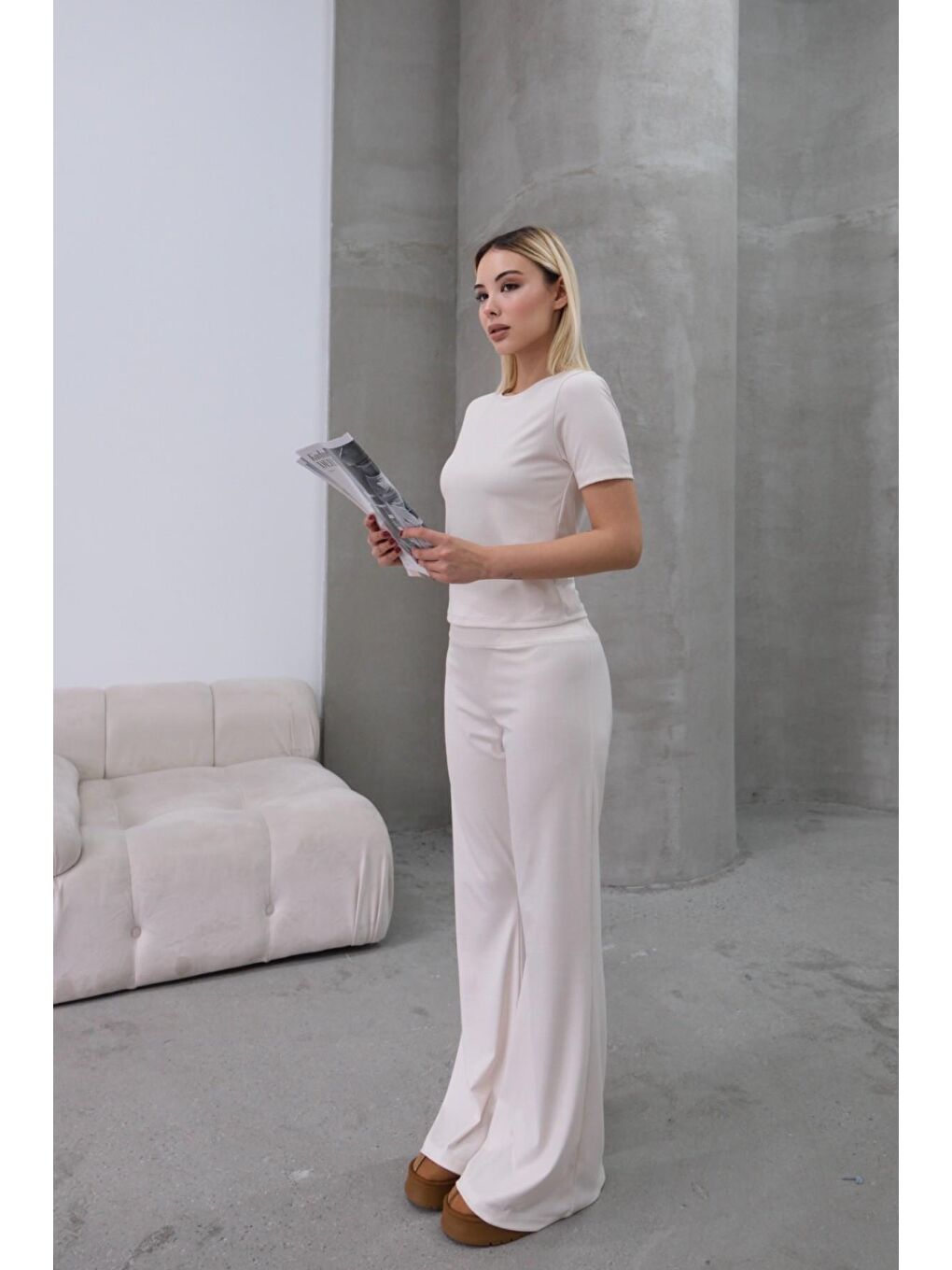 Yüksek Bel Soft İspanyol Paça Pantolon Bej