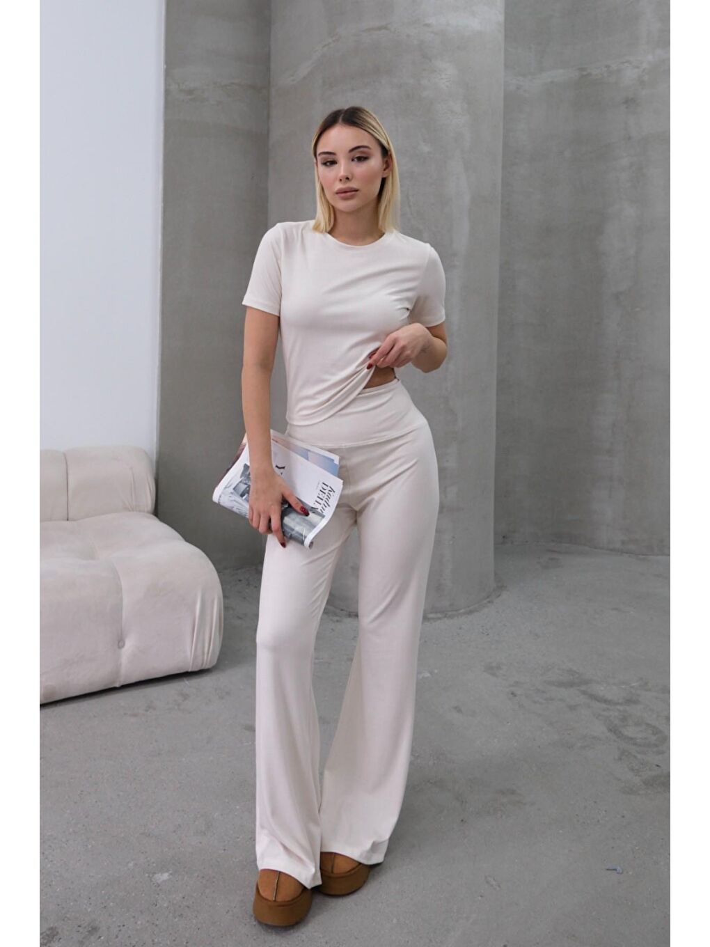Yüksek Bel Soft İspanyol Paça Pantolon Bej-1