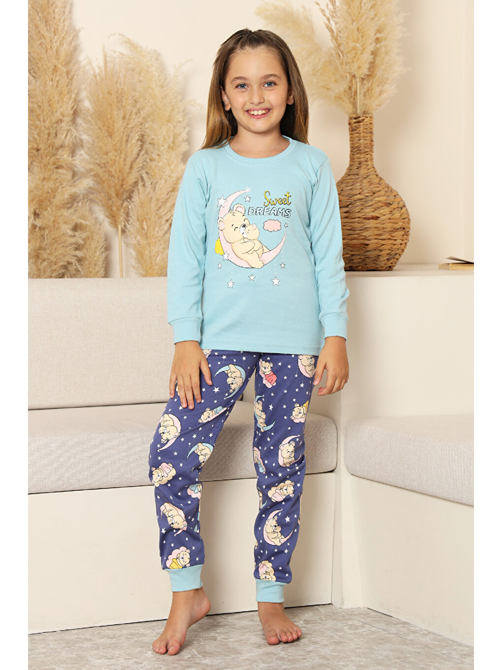 Mavi Kız Çocuk %100 Pamuk İnterlok Kumaş Pijama Takımı 6-15 Yaş 12421-2