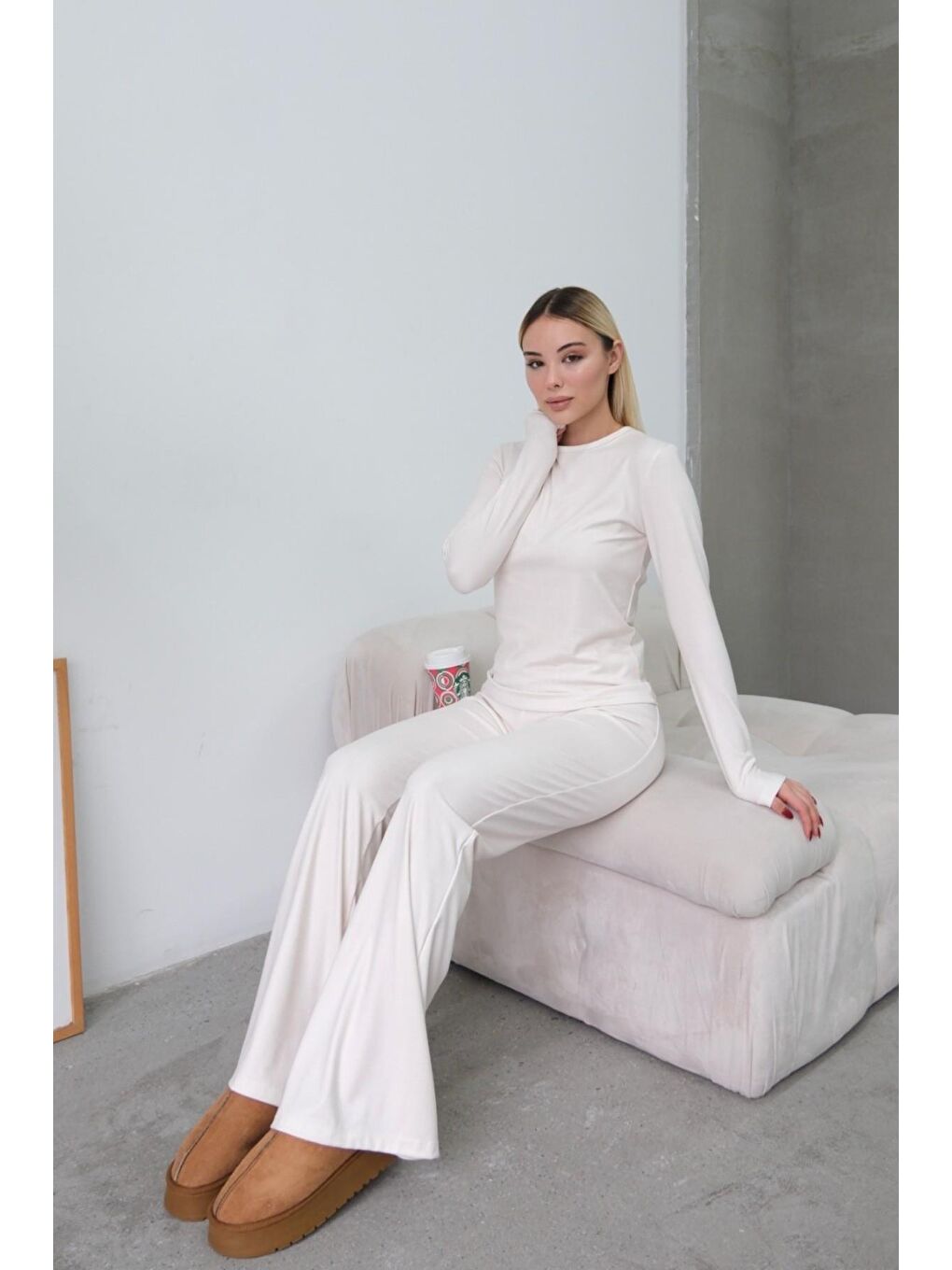 Yüksek Bel Soft İspanyol Paça Pantolon Bej-2