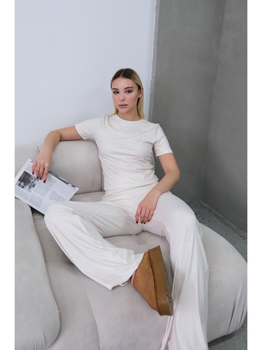 Yüksek Bel Soft İspanyol Paça Pantolon Bej-3