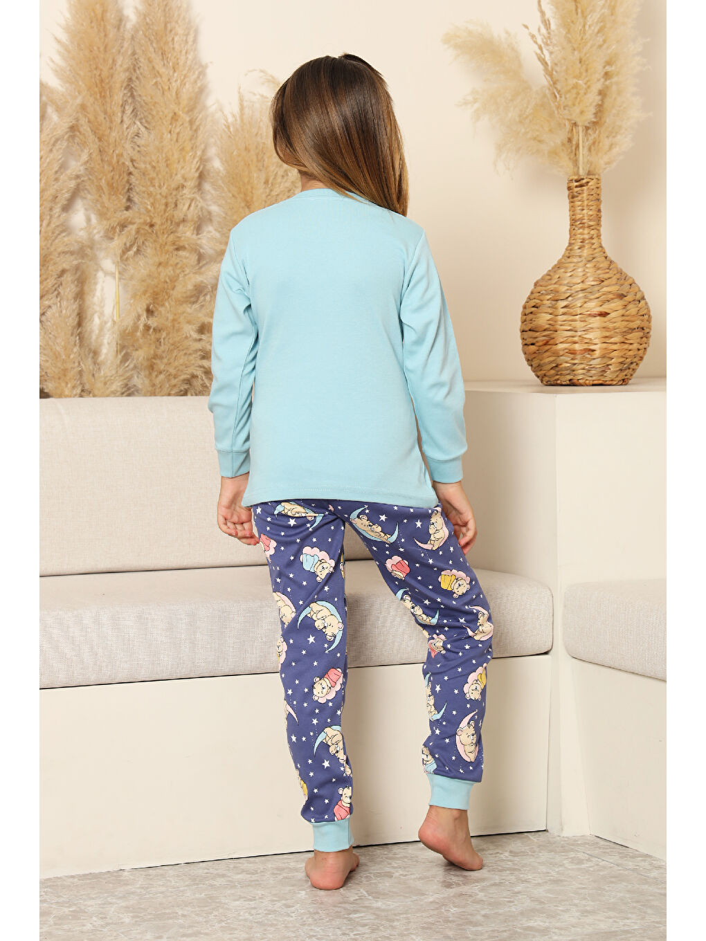 Mavi Kız Çocuk %100 Pamuk İnterlok Kumaş Pijama Takımı 6-15 Yaş 12421-3