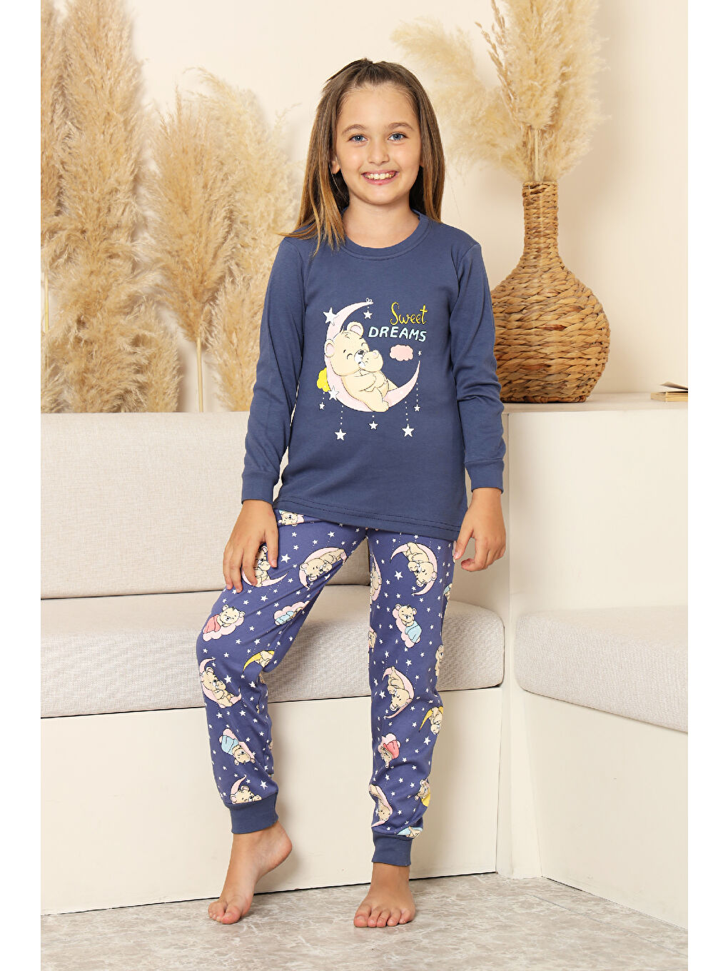 İndigo Kız Çocuk %100 Pamuk İnterlok Kumaş Pijama Takımı 6-15 Yaş 12421-2