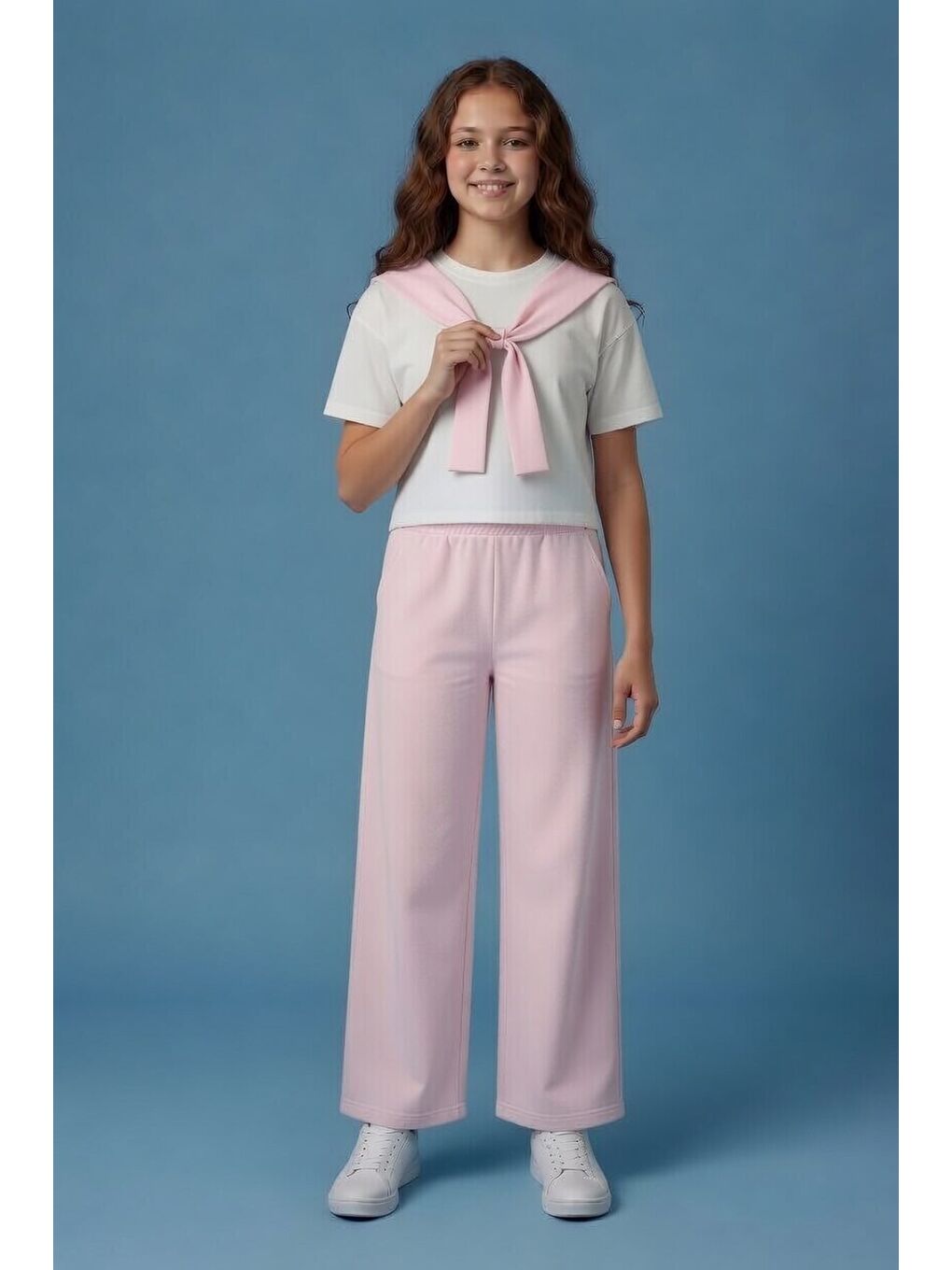 Pembe Fular Detaylı Tişörtlü Geniş Paça Pantolonlu 2li Kız Takım 24149-2