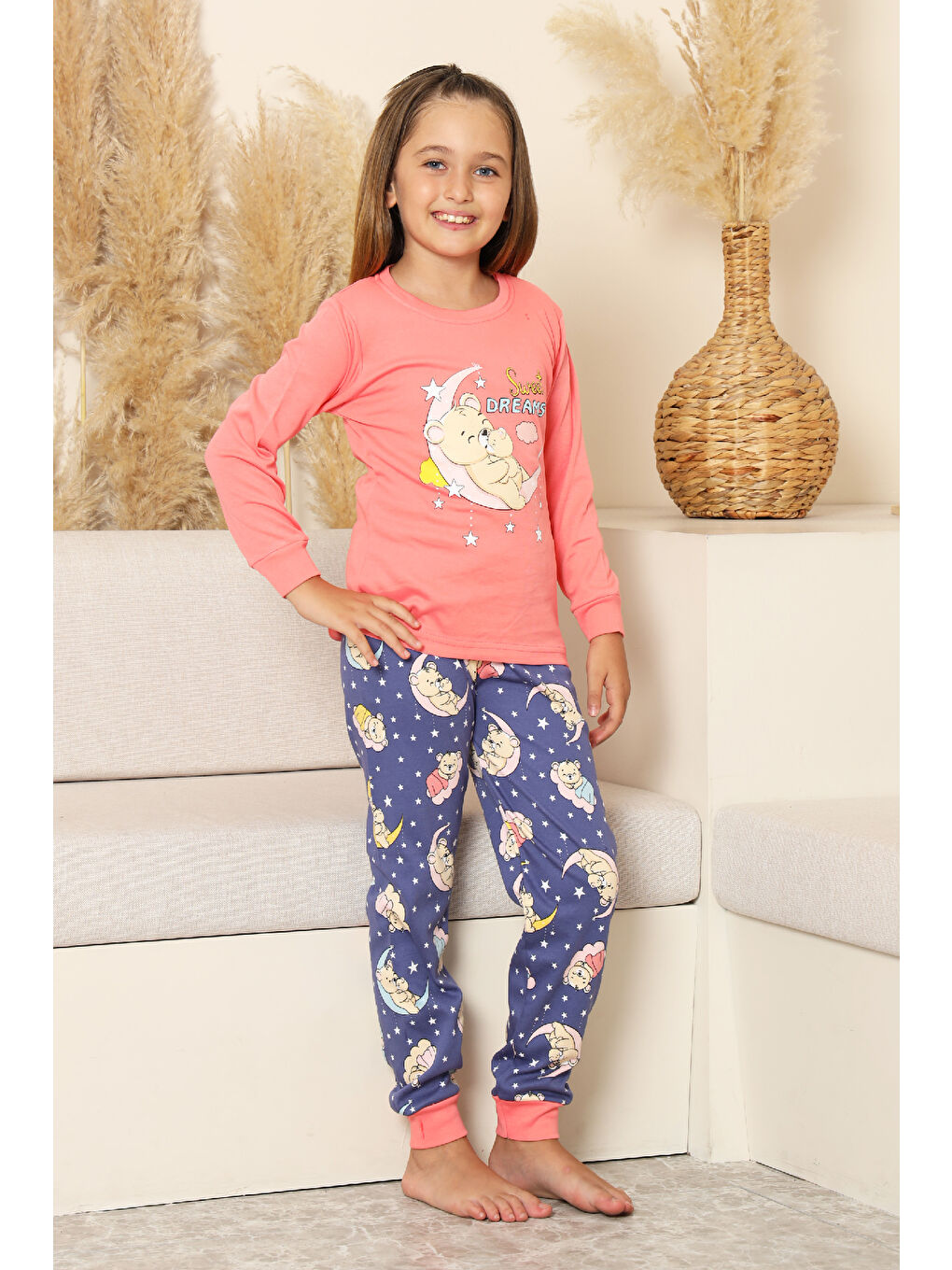 Pembe Kız Çocuk %100 Pamuk İnterlok Kumaş Pijama Takımı 6-15 Yaş 12421