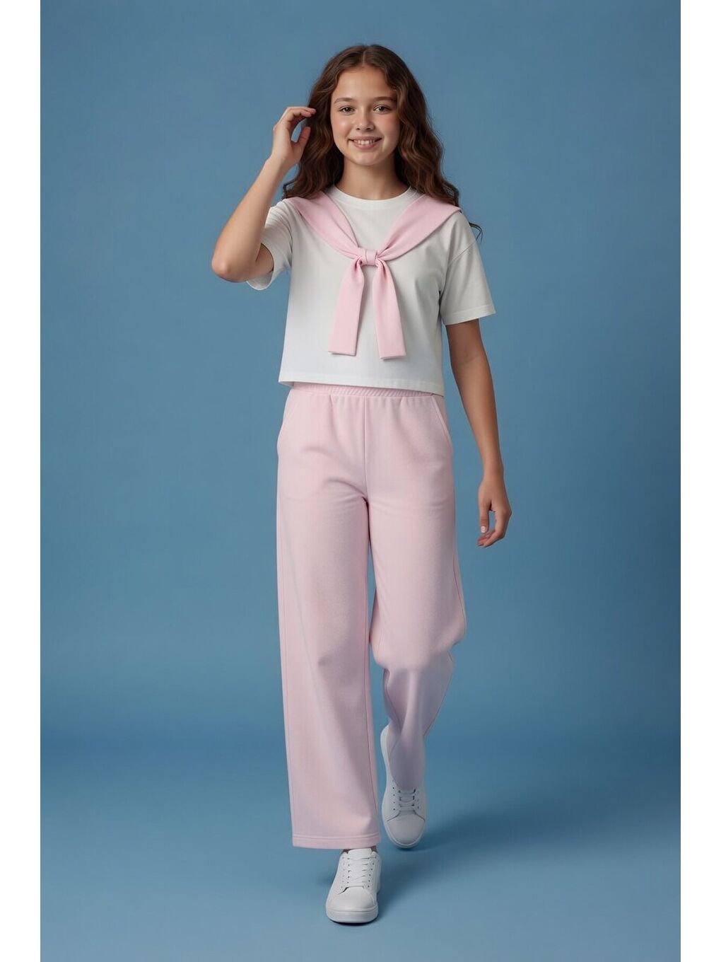 Pembe Fular Detaylı Tişörtlü Geniş Paça Pantolonlu 2li Kız Takım 24149-4