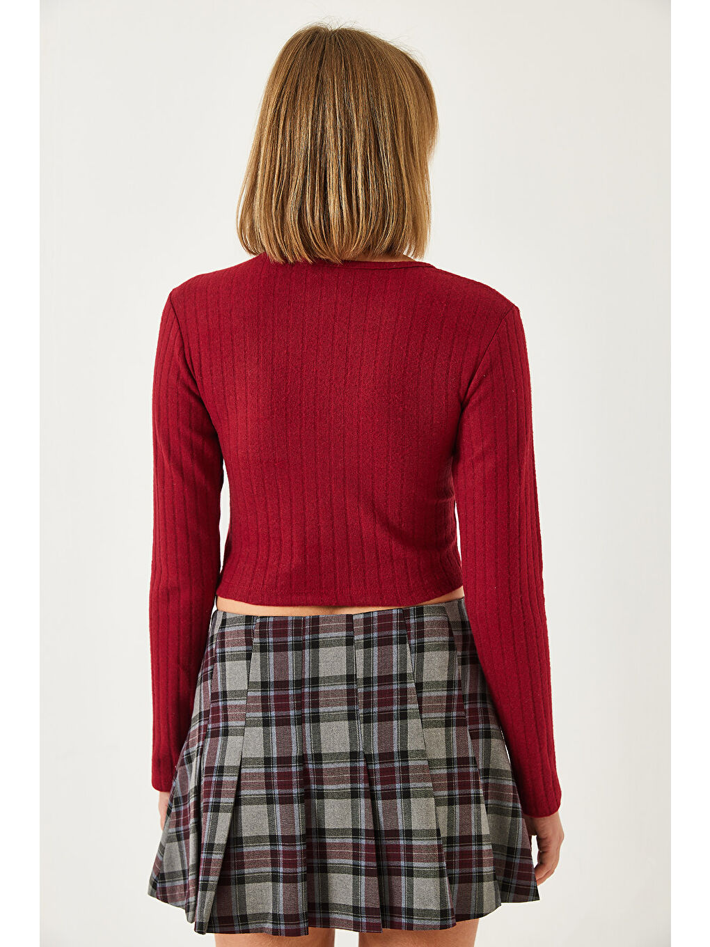 Bordo Kadın Önü Biyeli Crop Bluz-4