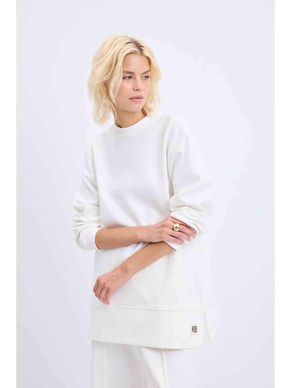 Oversize Yandan Yırtmaçlı Sweatshirt Ekru