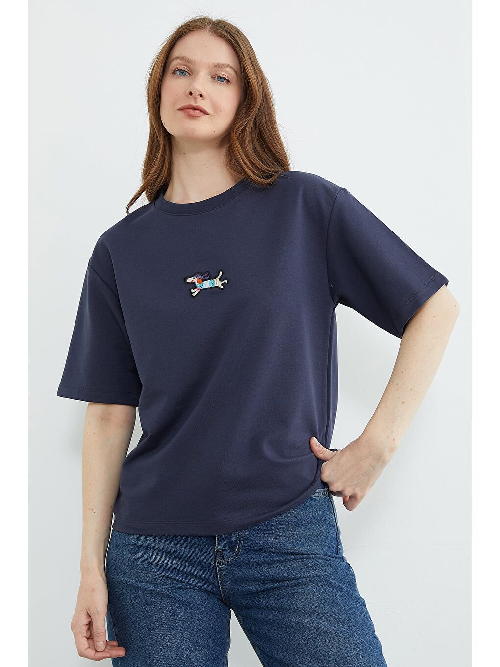 Lacivert Köpek Nakışlı Bisiklet Yaka Salaş Tişört-2