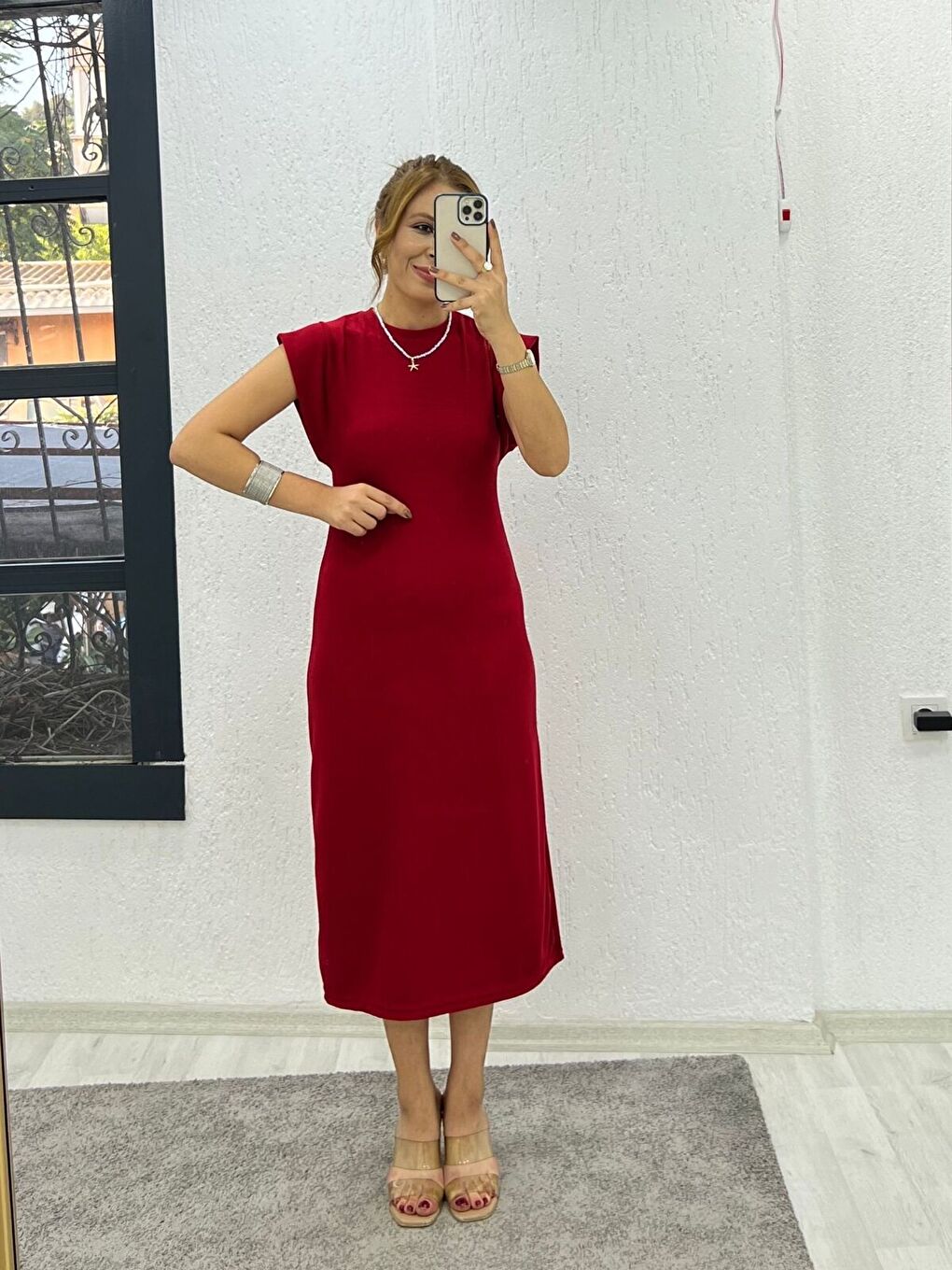 Bordo Kadın Bisiklet YakaT-kolmidi Boy Elbise