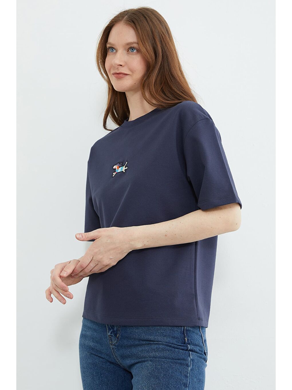 Lacivert Köpek Nakışlı Bisiklet Yaka Salaş Tişört-3