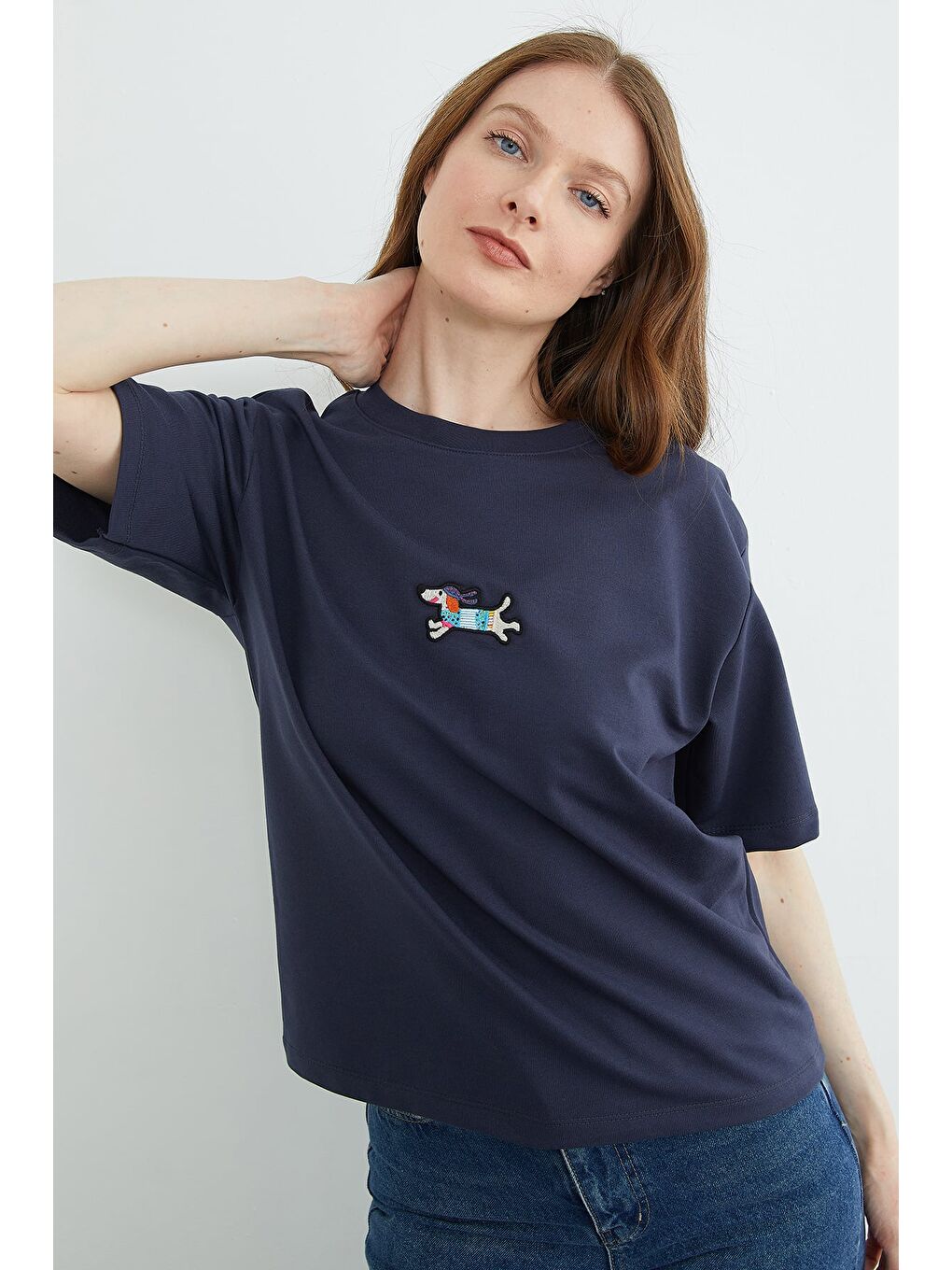 Lacivert Köpek Nakışlı Bisiklet Yaka Salaş Tişört-4