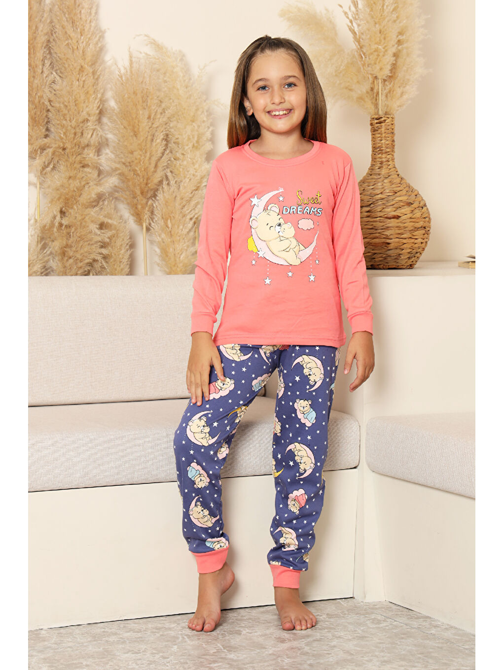 Pembe Kız Çocuk %100 Pamuk İnterlok Kumaş Pijama Takımı 6-15 Yaş 12421-2