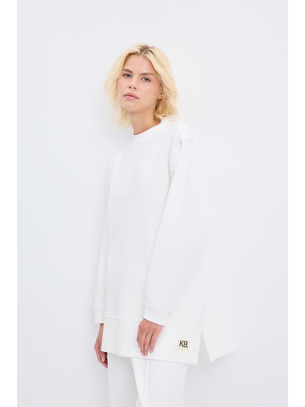 Oversize Yandan Yırtmaçlı Sweatshirt Ekru-2