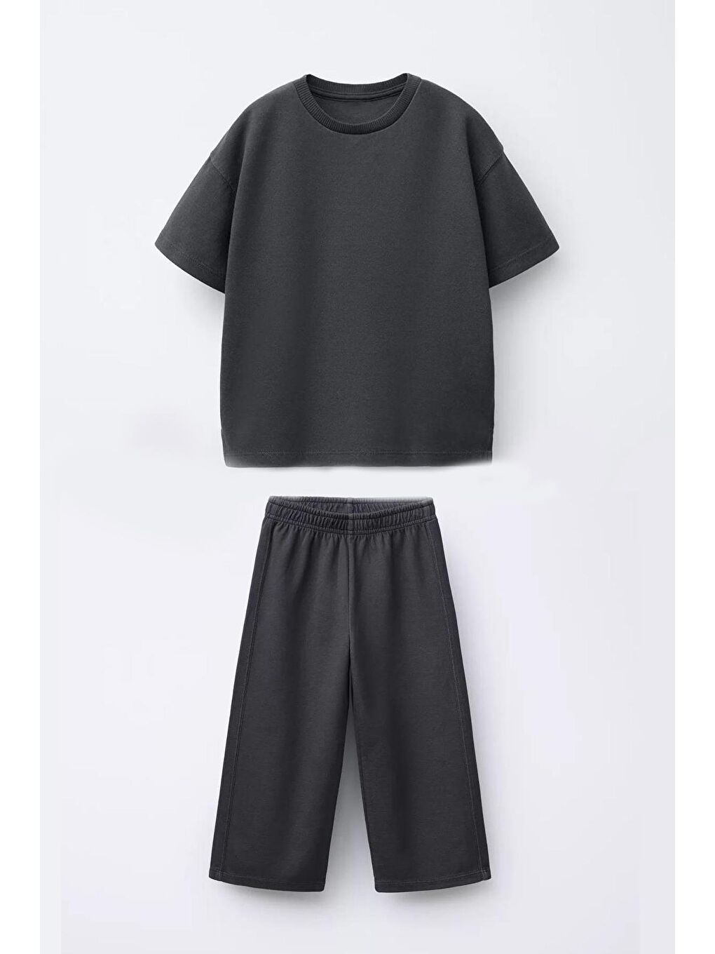 Siyah Kız Çocuk Pamuklu Bisiklet Yaka Geniş Paçalı Altüst Takım-1