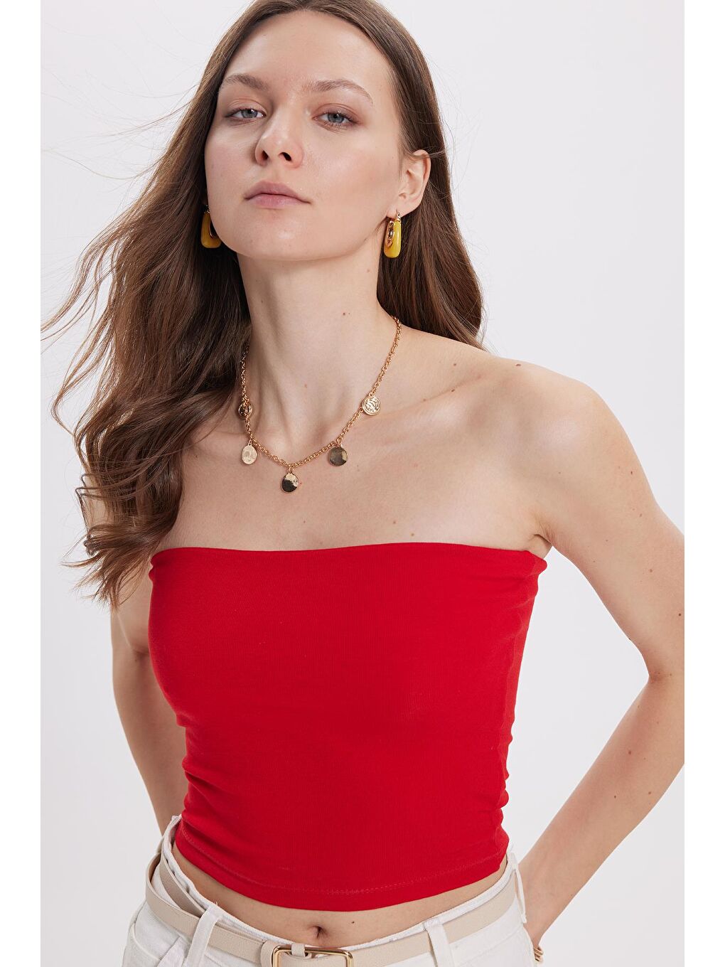 Kadın Slim Fit Dar Kesim Pamuklu Straplez Kırmızı Bluz