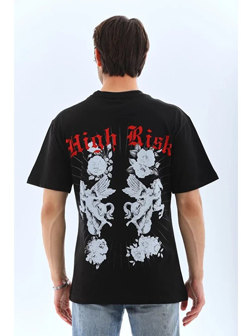 Unisex Oversize Baskılı Bisiklet Yaka T-Shirt - Siyah-1