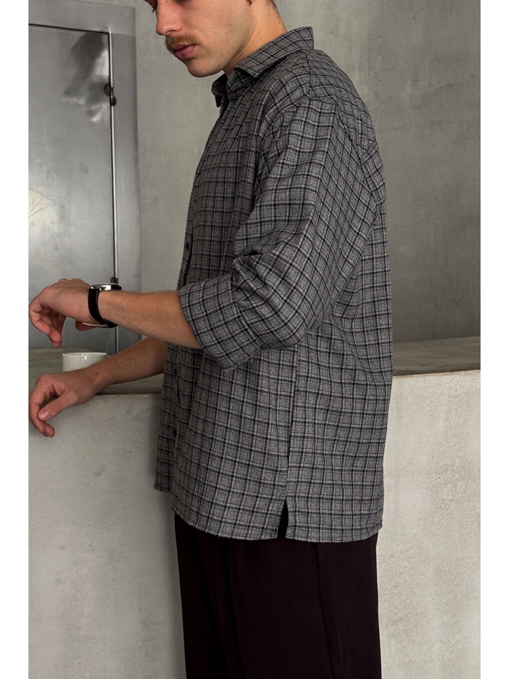 Gri Erkek Oversize Kesim Kareli Gömlek-2