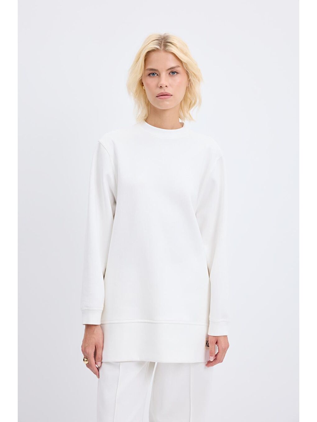 Oversize Yandan Yırtmaçlı Sweatshirt Ekru-3