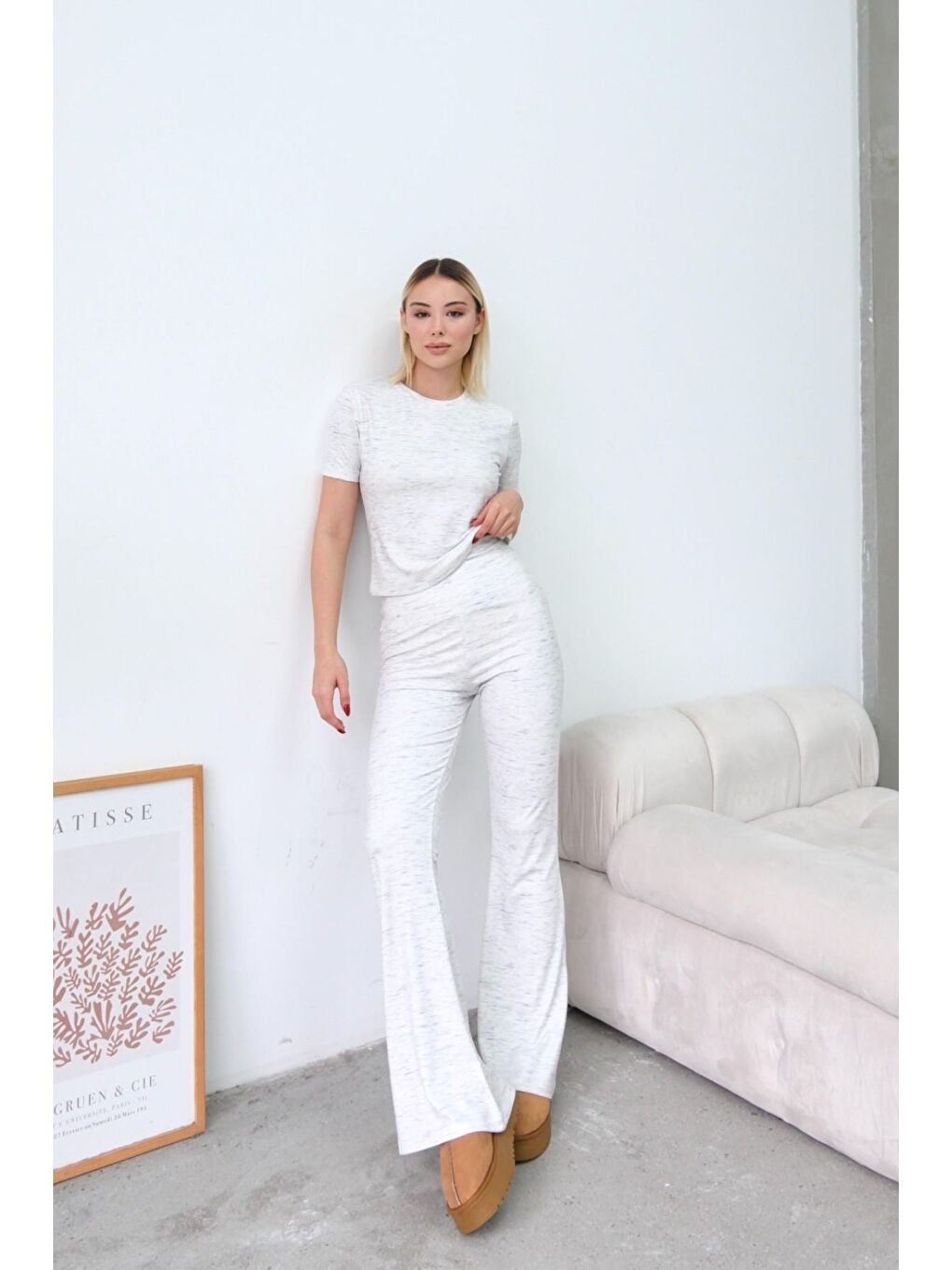 Yüksek Bel Soft İspanyol Paça Pantolon Gri