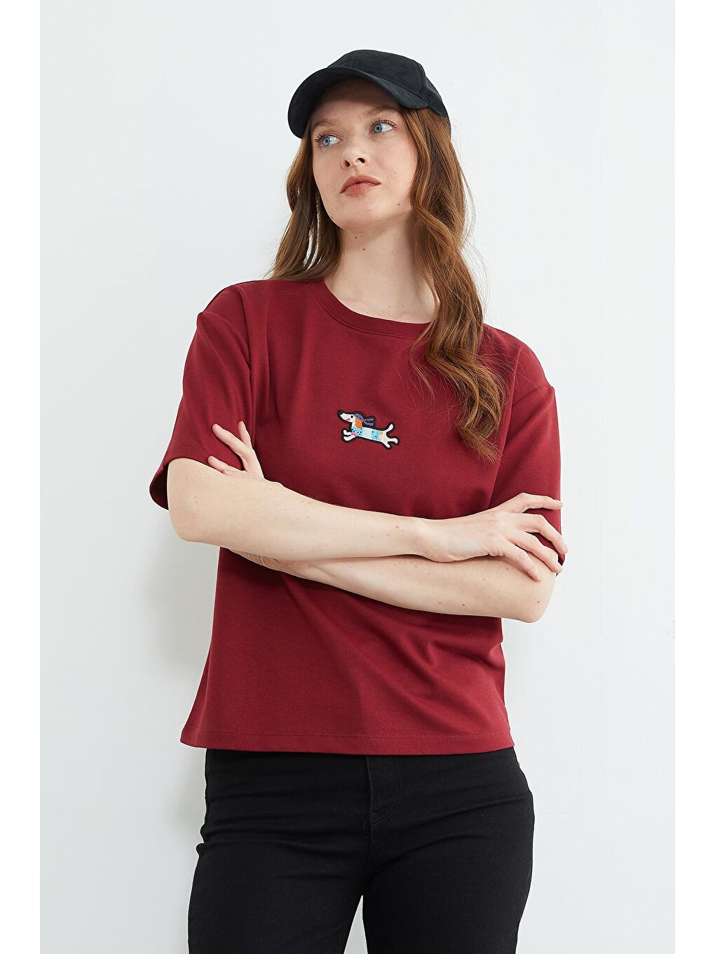 Bordo Köpek Nakışlı Bisiklet Yaka Salaş Tişört-3