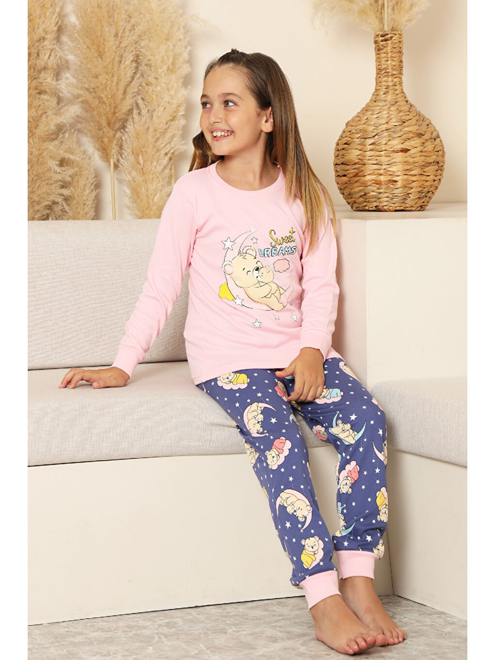 Pembe Kız Çocuk %100 Pamuk İnterlok Kumaş Pijama Takımı 6-15 Yaş 12421-1