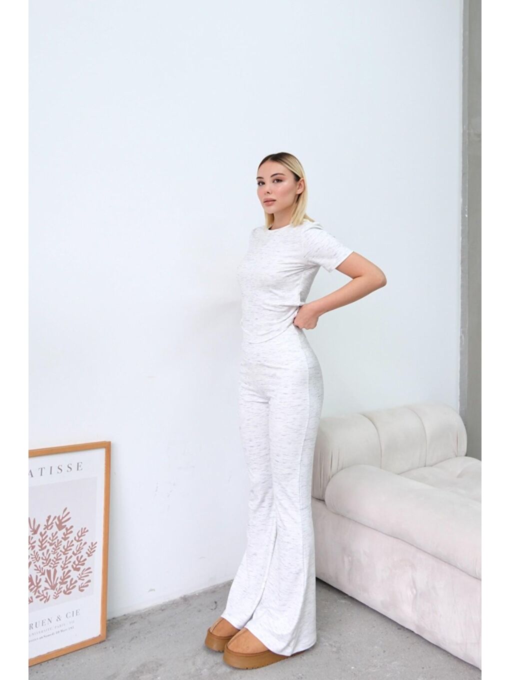 Yüksek Bel Soft İspanyol Paça Pantolon Gri-1