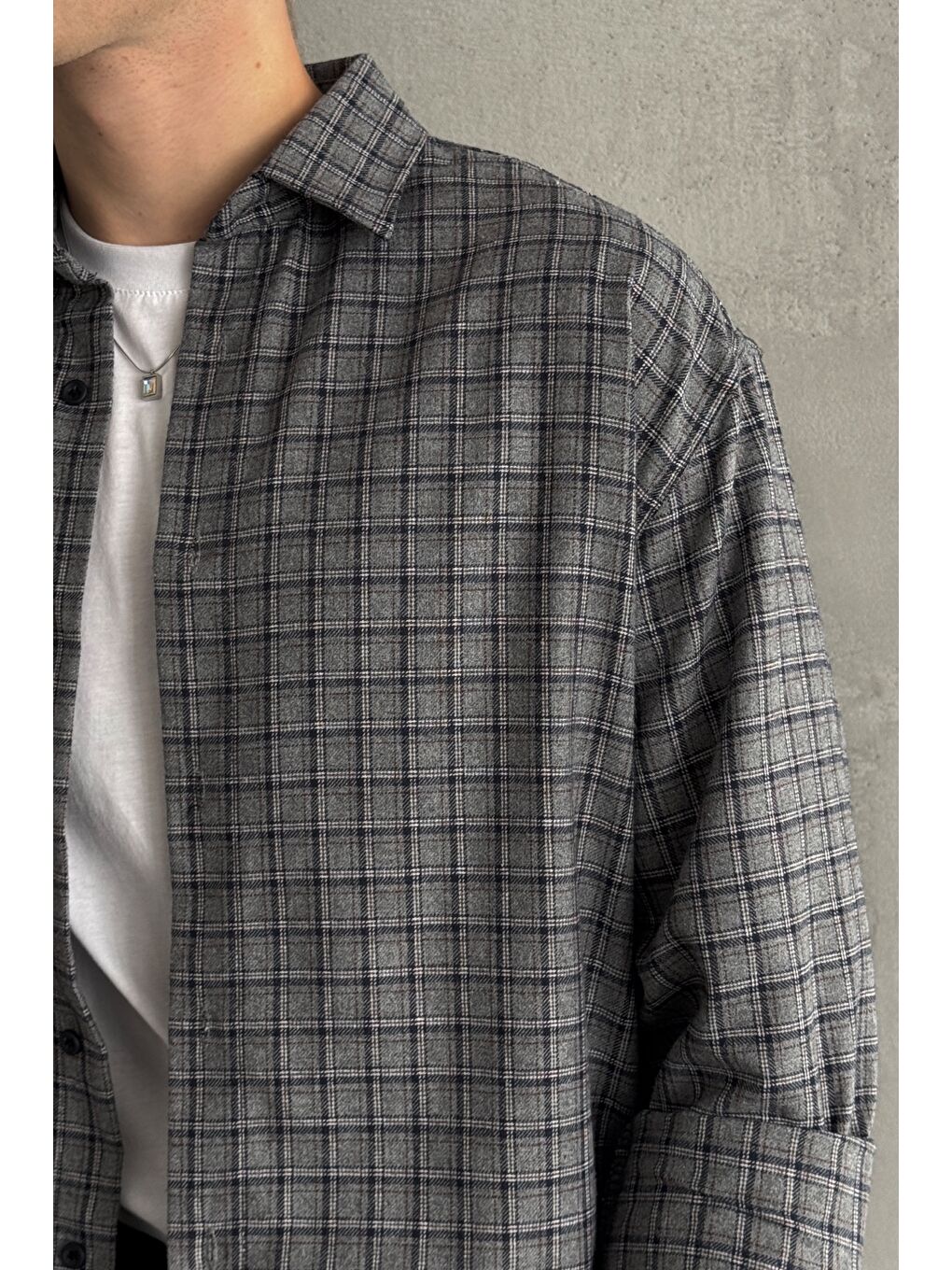 Gri Erkek Oversize Kesim Kareli Gömlek-3