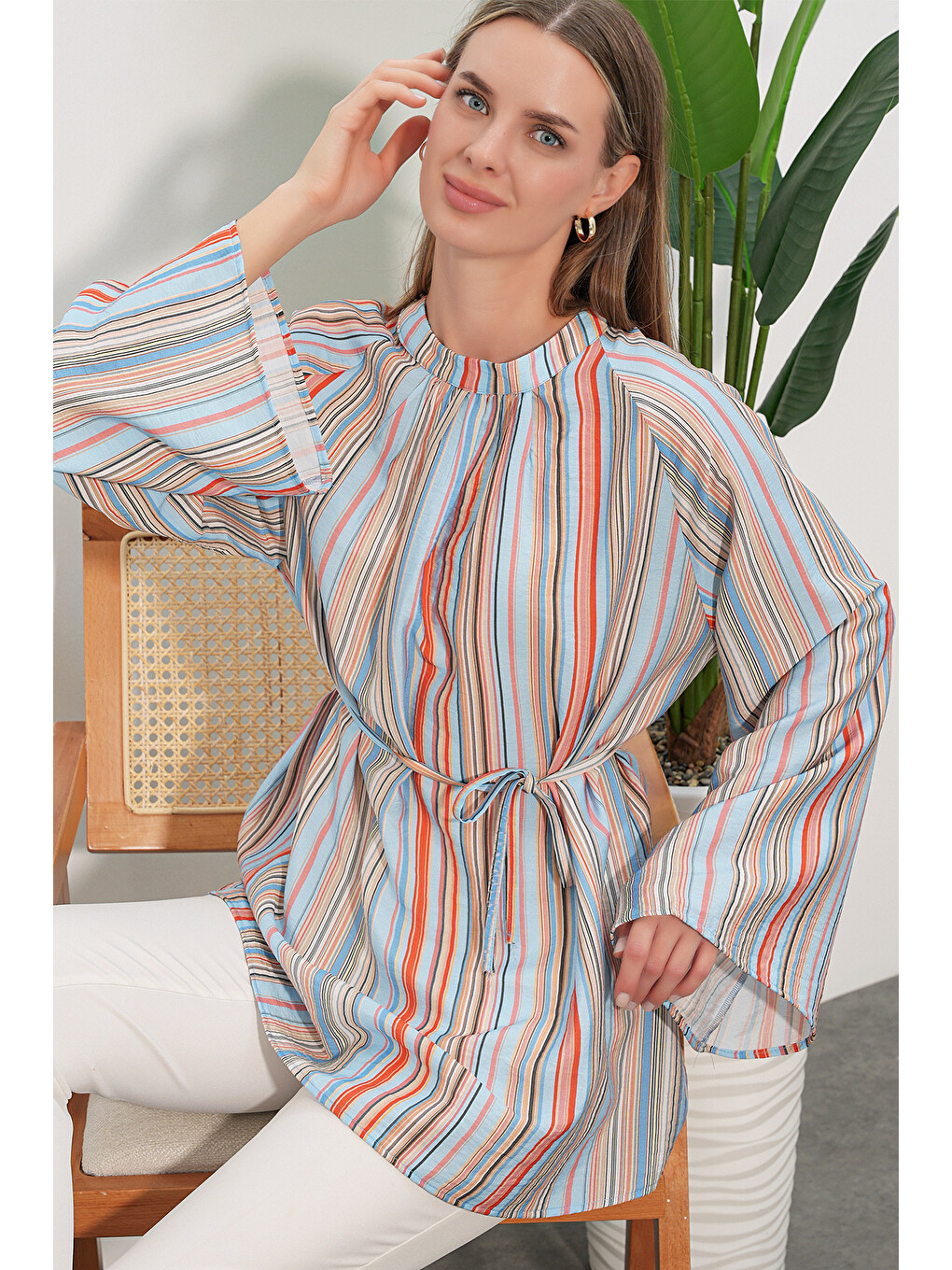 Kadın Çizgili Bağcıklı Oversize Tunik 50009 - Mavi-2