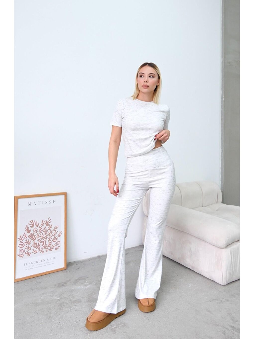 Yüksek Bel Soft İspanyol Paça Pantolon Gri-3