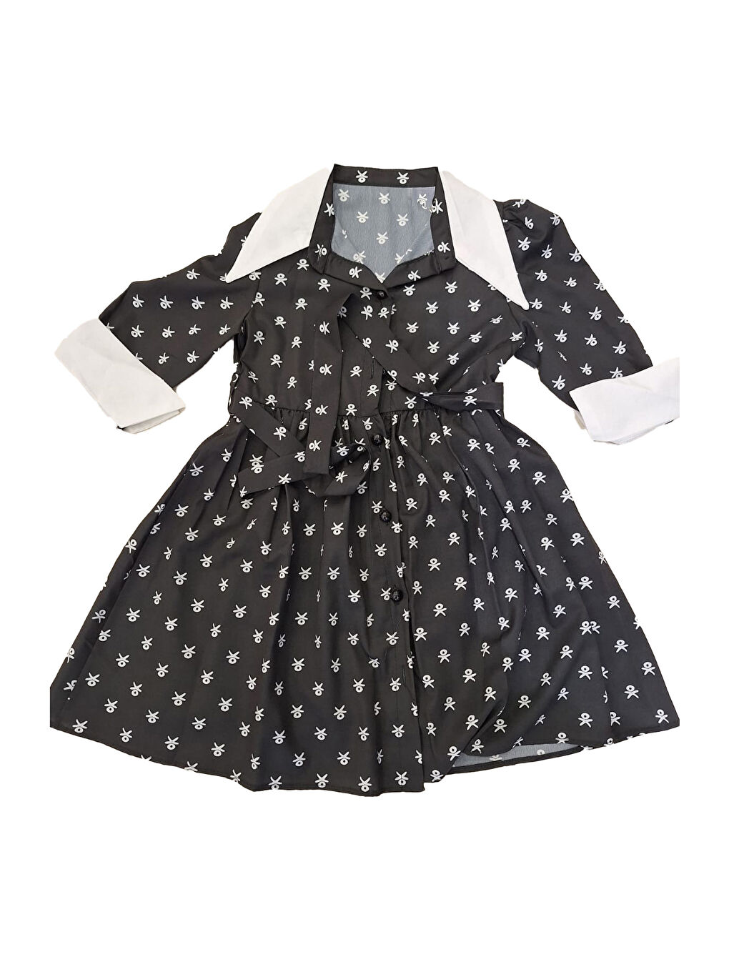 Siyah Kız Çocuk Elbise Yaka ve Manşet Detaylı Boydan Düğmeli ve Kuşaklı 7-12 Yaş 12420-1