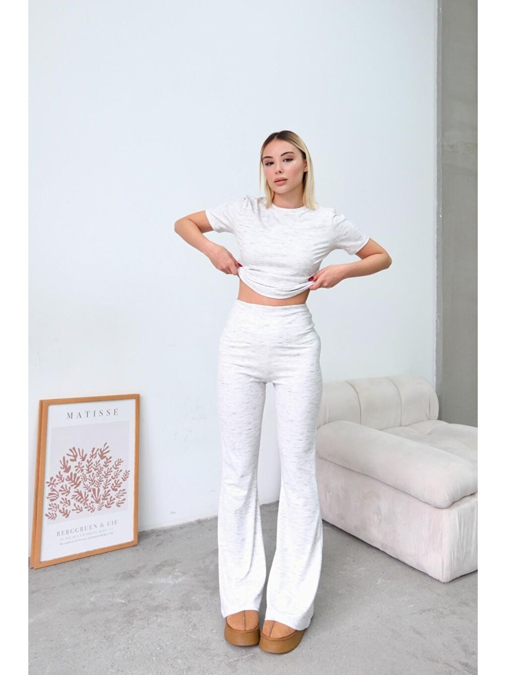 Yüksek Bel Soft İspanyol Paça Pantolon Gri-4