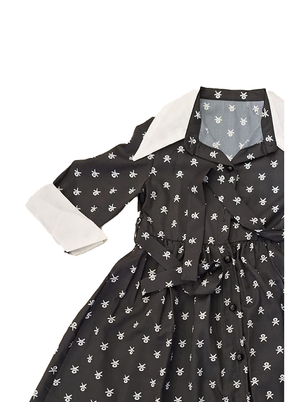 Siyah Kız Çocuk Elbise Yaka ve Manşet Detaylı Boydan Düğmeli ve Kuşaklı 7-12 Yaş 12420-2