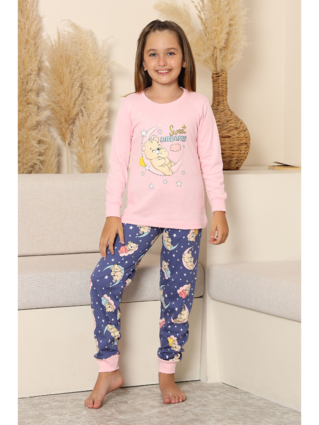 Pembe Kız Çocuk %100 Pamuk İnterlok Kumaş Pijama Takımı 6-15 Yaş 12421-2